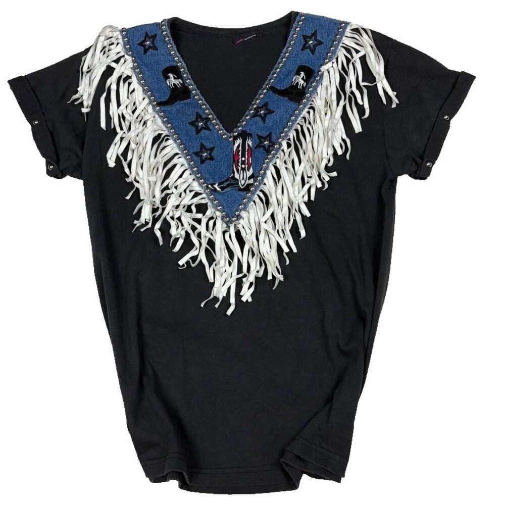 Vintage Western Fringe Shirt Denim V Neck Cowboy Rodeo Boots Top 80s 90s Women’s